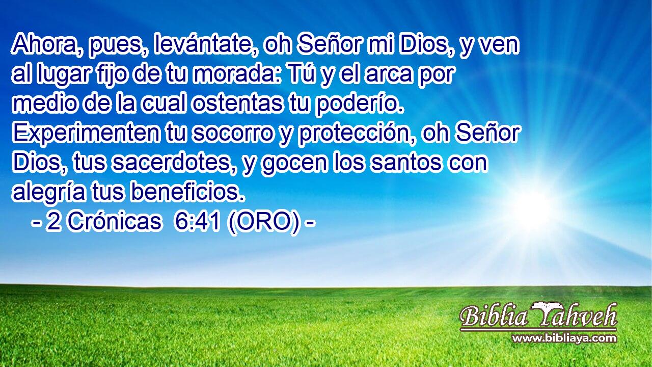  Ahora, pues, levántate, oh Señor mi Dios, y ven al lugar fijo de tu morada: Tú y el arca por medio de la cual ostentas tu poderío. Experimenten tu socorro y protección, oh Señor Dios, tus sacerdotes, y gocen los santos con alegría tus beneficios. 