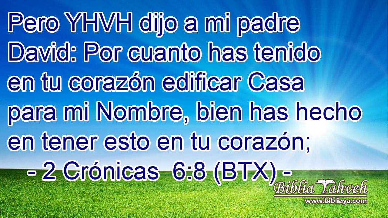 Pero YHVH dijo a mi padre David: Por cuanto has tenido en tu corazón edificar Casa para mi Nombre, bien has hecho en tener esto en tu corazón;