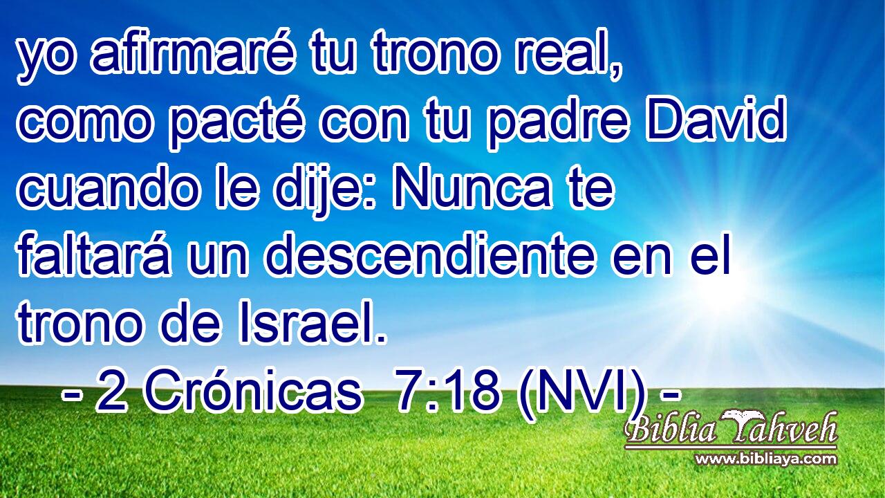  yo afirmaré tu trono real, como pacté con tu padre David cuando le dije: Nunca te faltará un descendiente en el trono de Israel. 