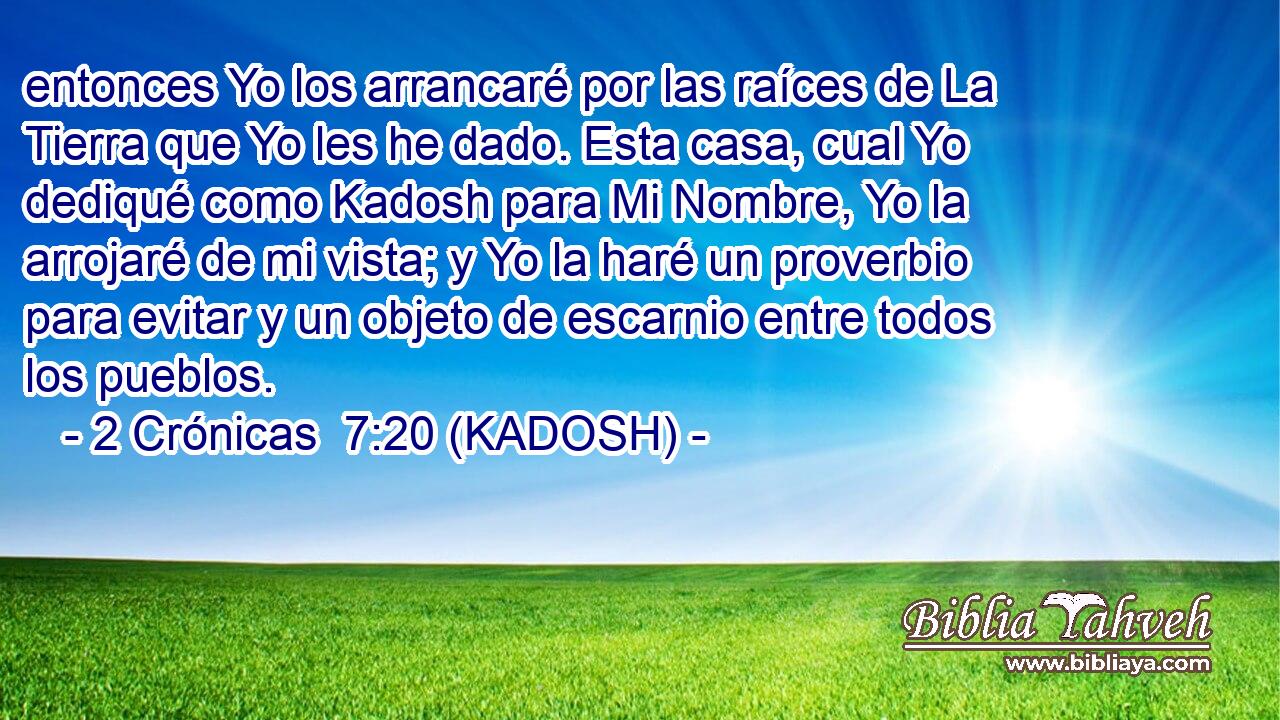  entonces Yo los arrancaré por las raíces de La Tierra que Yo les he dado. Esta casa, cual Yo dediqué como Kadosh para Mi Nombre, Yo la arrojaré de mi vista; y Yo la haré un proverbio para evitar y un objeto de escarnio entre todos los pueblos. 
