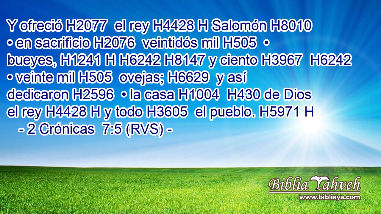 Y ofreció H2077  el rey H4428 H Salomón H8010  • en sacrificio H2076  veintidós mil H505  • bueyes, H1241 H H6242 H8147 y ciento H3967  H6242 • veinte mil H505  ovejas; H6629  y así dedicaron H2596  • la casa H1004  H430 de Dios el rey H4428 H y todo H3605  el pueblo. H5971 H 