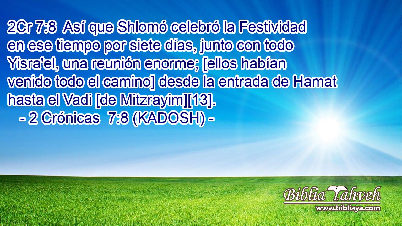  Así que Shlomó celebró la Festividad en ese tiempo por siete días, junto con todo Yisra'el, una reunión enorme; [ellos habían venido todo el camino] desde la entrada de Hamat hasta el Vadi [de Mitzrayim][13]. 