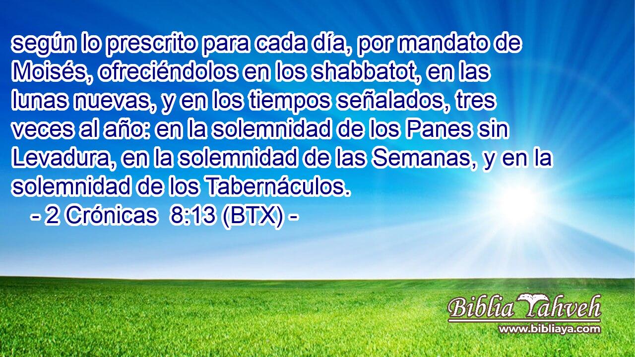 según lo prescrito para cada día, por mandato de Moisés, ofreciéndolos en los shabbatot, en las lunas nuevas, y en los tiempos señalados, tres veces al año: en la solemnidad de los Panes sin Levadura, en la solemnidad de las Semanas, y en la solemnidad de los Tabernáculos.
