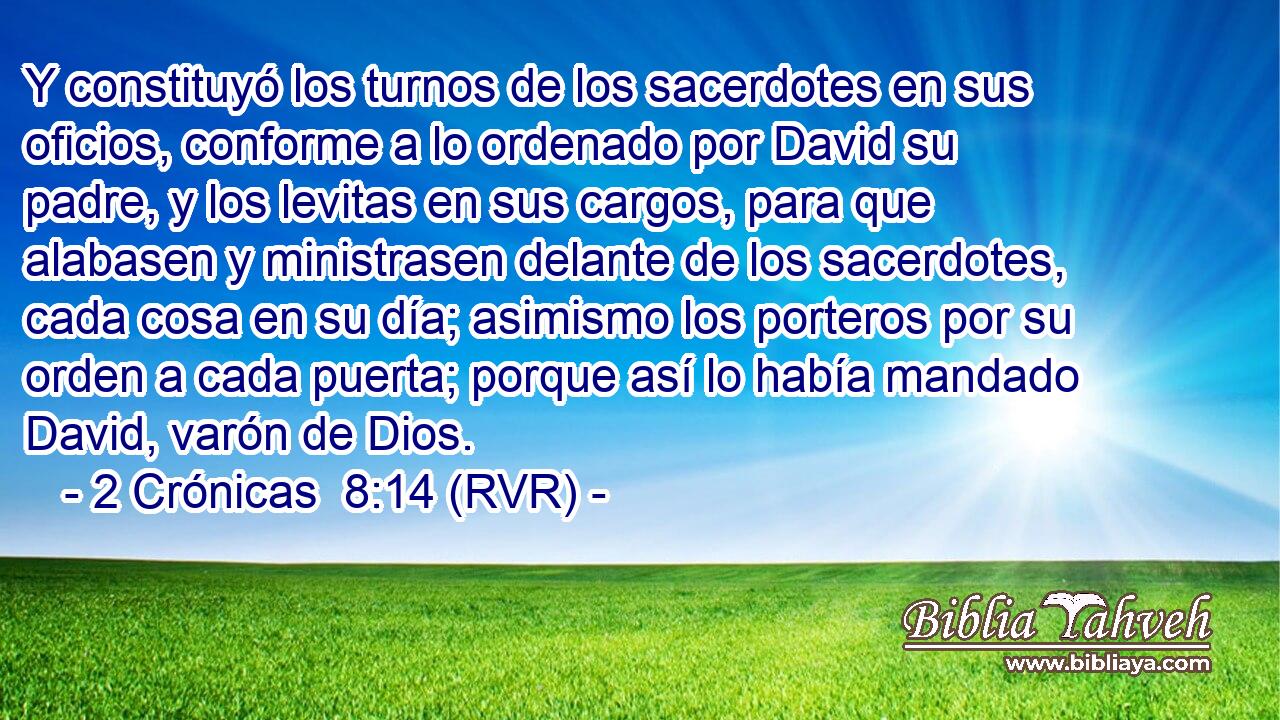 Y constituyó los turnos de los sacerdotes en sus oficios, conforme a lo ordenado por David su padre, y los levitas en sus cargos, para que alabasen y ministrasen delante de los sacerdotes, cada cosa en su día; asimismo los porteros por su orden a cada puerta; porque así lo había mandado David, varón de Dios.