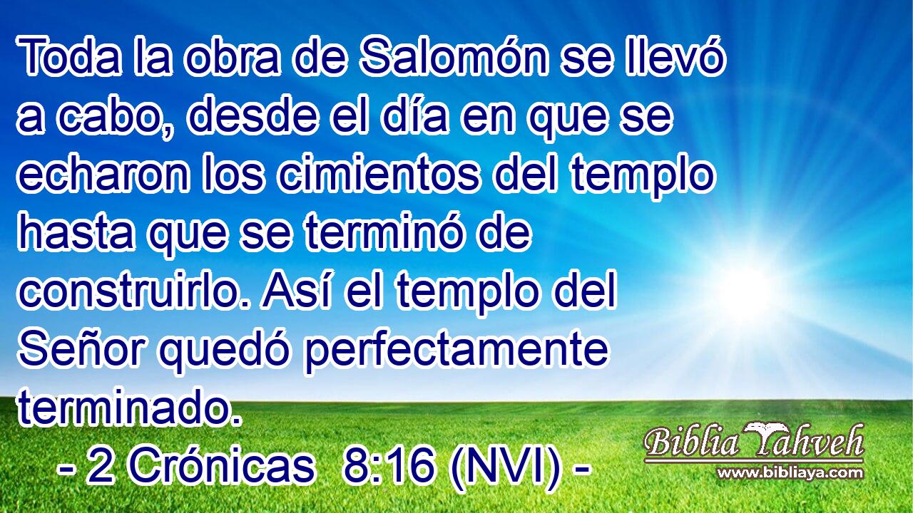  Toda la obra de Salomón se llevó a cabo, desde el día en que se echaron los cimientos del templo hasta que se terminó de construirlo. Así el templo del Señor quedó perfectamente terminado. 