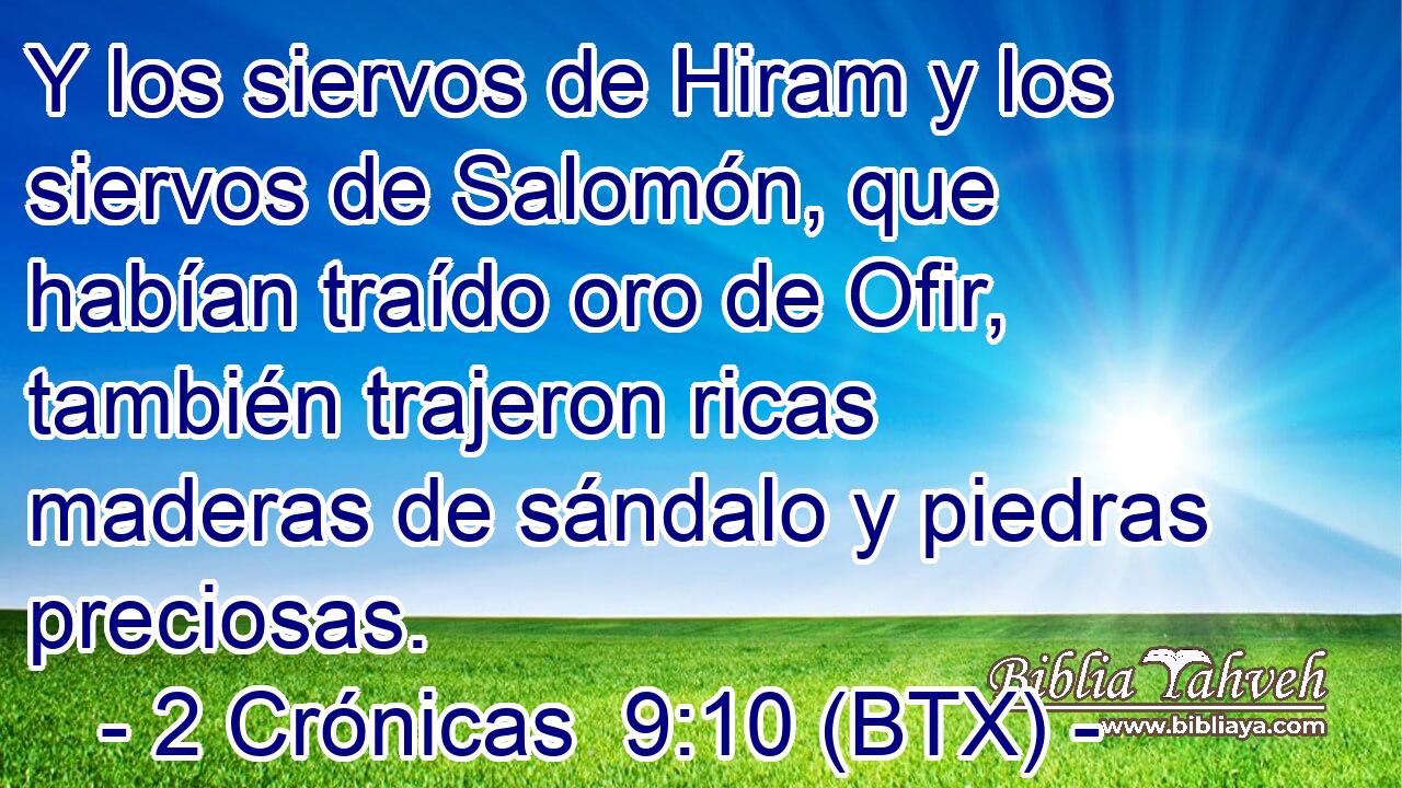Y los siervos de Hiram y los siervos de Salomón, que habían traído oro de Ofir, también trajeron ricas maderas de sándalo y piedras preciosas.