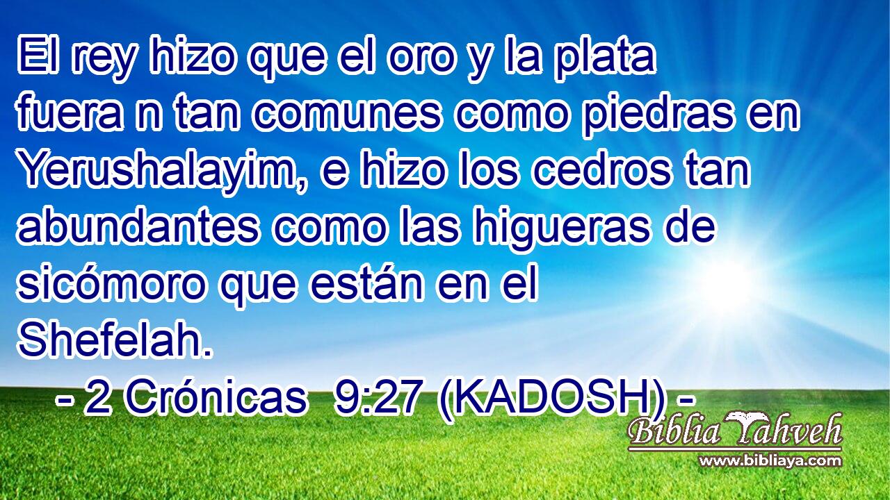  El rey hizo que el oro y la plata fuera n tan comunes como piedras en Yerushalayim, e hizo los cedros tan abundantes como las higueras de sicómoro que están en el Shefelah. 