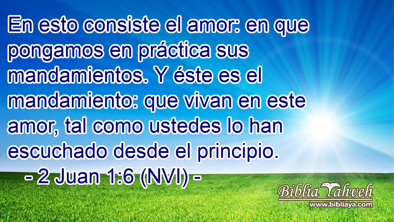  En esto consiste el amor: en que pongamos en práctica sus mandamientos. Y éste es el mandamiento: que vivan en este amor, tal como ustedes lo han escuchado desde el principio. 