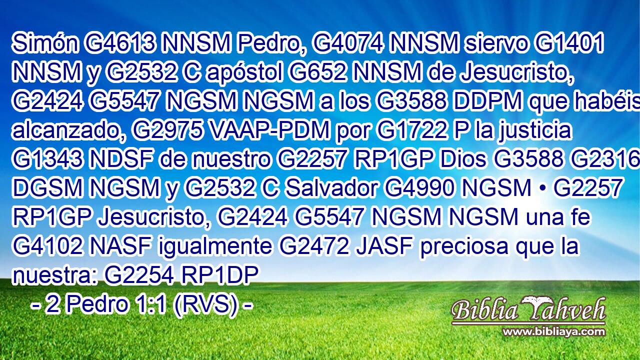 Simón G4613 NNSM Pedro, G4074 NNSM siervo G1401 NNSM y G2532 C apóstol G652 NNSM de Jesucristo, G2424 G5547 NGSM NGSM a los G3588 DDPM que habéis alcanzado, G2975 VAAP-PDM por G1722 P la justicia G1343 NDSF de nuestro G2257 RP1GP Dios G3588 G2316 DGSM NGSM y G2532 C Salvador G4990 NGSM • G2257 RP1GP Jesucristo, G2424 G5547 NGSM NGSM una fe G4102 NASF igualmente G2472 JASF preciosa que la nuestra: G2254 RP1DP 