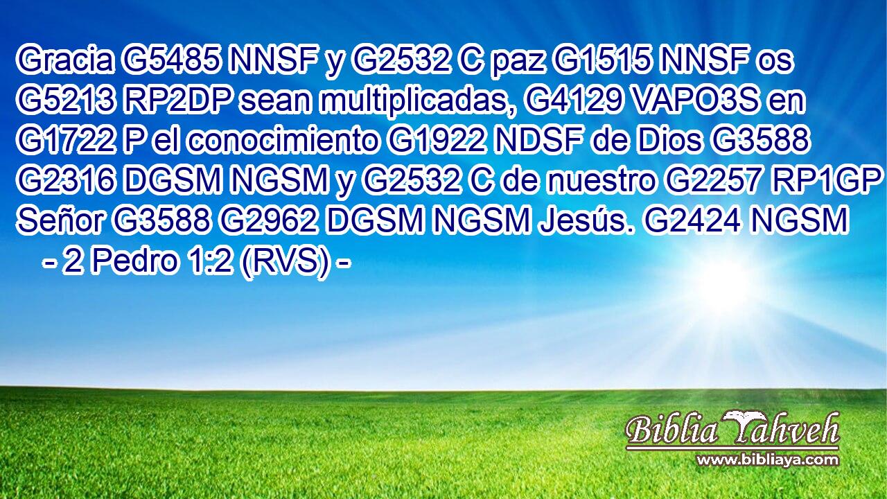 Gracia G5485 NNSF y G2532 C paz G1515 NNSF os G5213 RP2DP sean multiplicadas, G4129 VAPO3S en G1722 P el conocimiento G1922 NDSF de Dios G3588 G2316 DGSM NGSM y G2532 C de nuestro G2257 RP1GP Señor G3588 G2962 DGSM NGSM Jesús. G2424 NGSM 