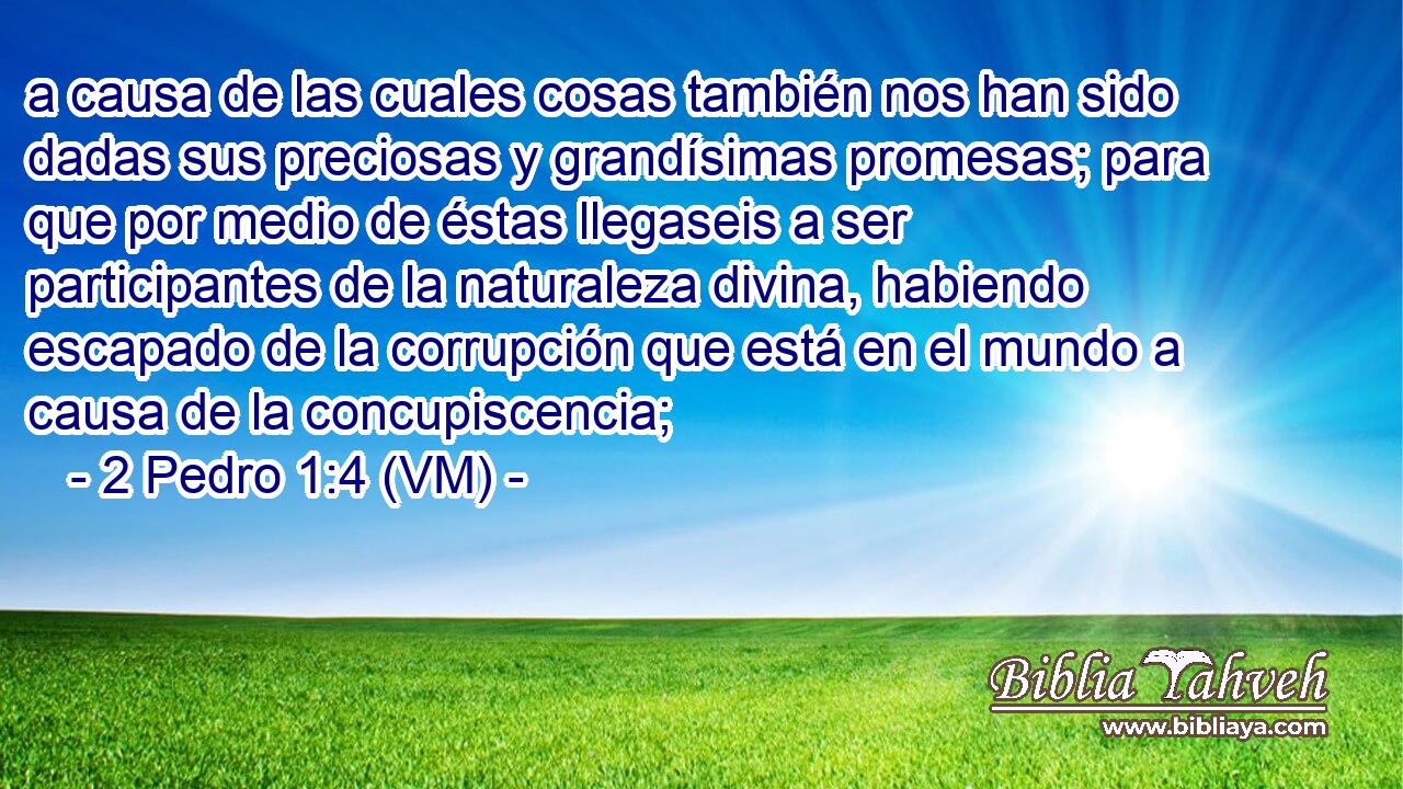  a causa de las cuales cosas también nos han sido dadas sus preciosas y grandísimas promesas; para que por medio de éstas llegaseis a ser participantes de la naturaleza divina, habiendo escapado de la corrupción que está en el mundo a causa de la concupiscencia; 