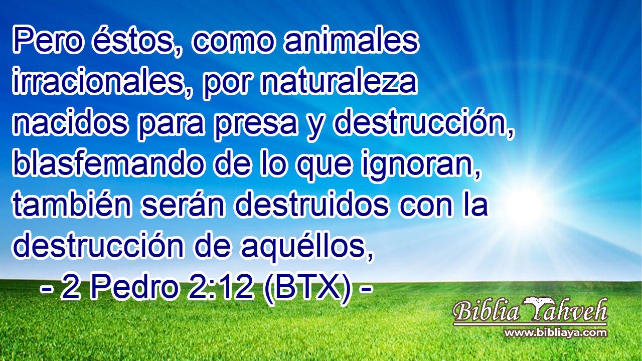 Pero éstos, como animales irracionales, por naturaleza nacidos para presa y destrucción, blasfemando de lo que ignoran, también serán destruidos con la destrucción de aquéllos,