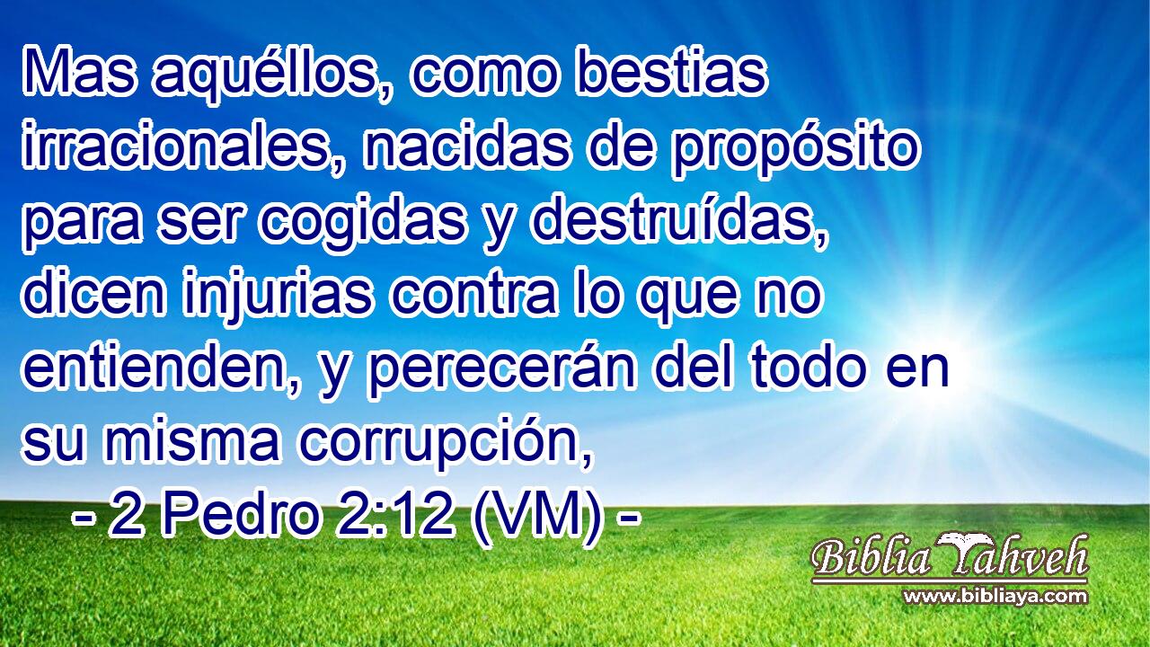  Mas aquéllos, como bestias irracionales, nacidas de propósito para ser cogidas y destruídas, dicen injurias contra lo que no entienden, y perecerán del todo en su misma corrupción, 
