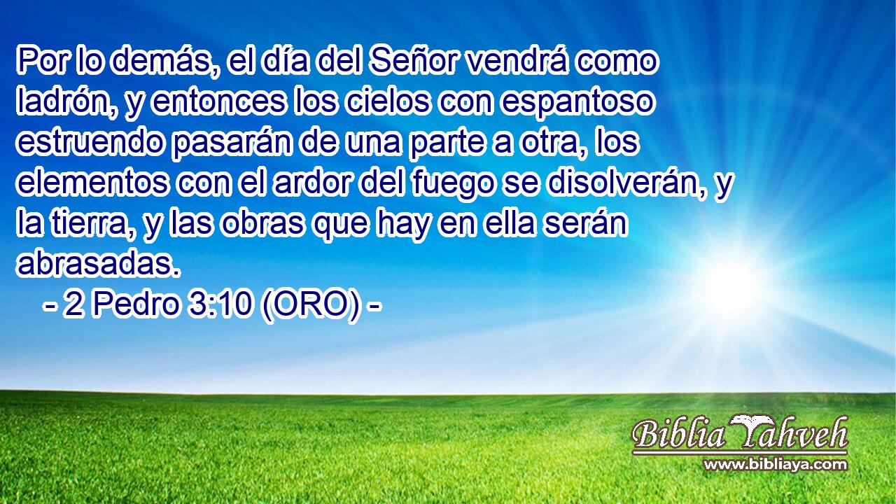  Por lo demás, el día del Señor vendrá como ladrón, y entonces los cielos con espantoso estruendo pasarán de una parte a otra, los elementos con el ardor del fuego se disolverán, y la tierra, y las obras que hay en ella serán abrasadas. 