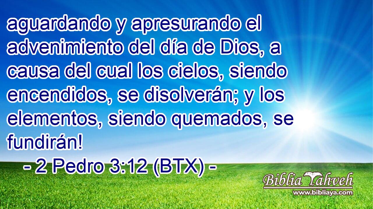 aguardando y apresurando el advenimiento del día de Dios, a causa del cual los cielos, siendo encendidos, se disolverán; y los elementos, siendo quemados, se fundirán!