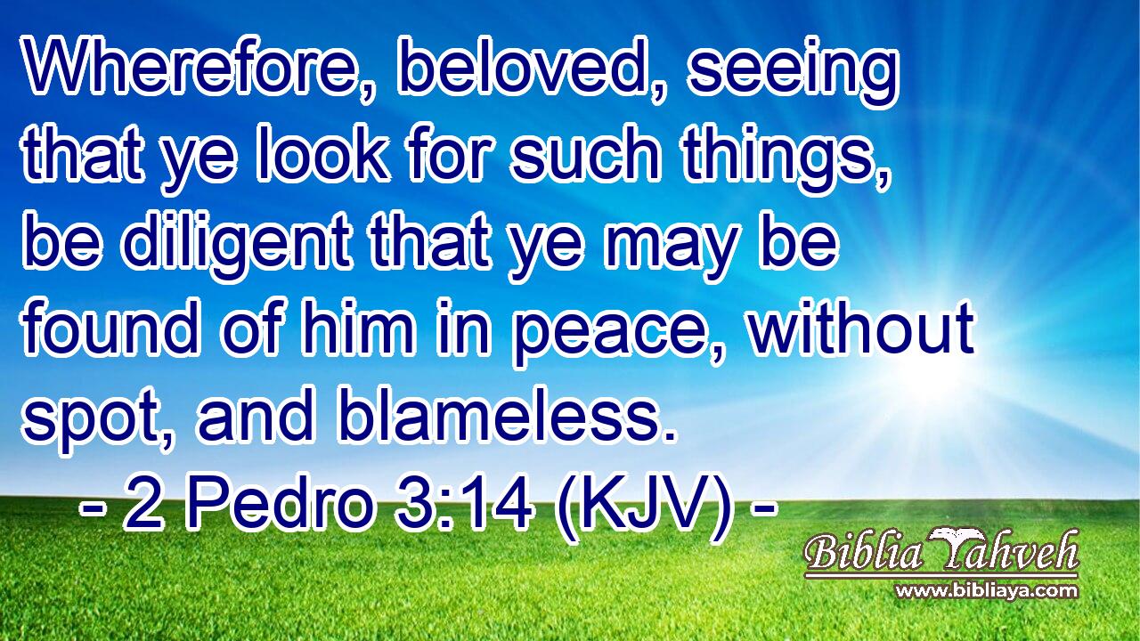 Wherefore, beloved, seeing that ye look for such things, be diligent that ye may be found of him in peace, without spot, and blameless.