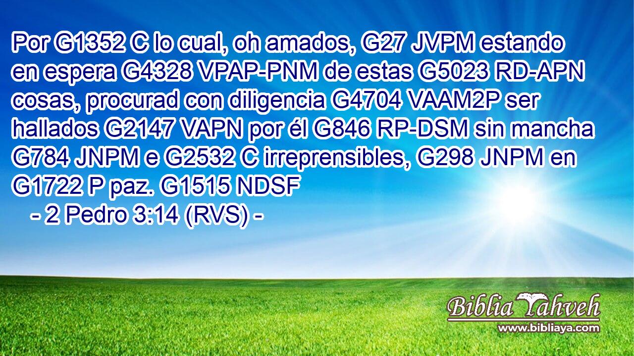 Por G1352 C lo cual, oh amados, G27 JVPM estando en espera G4328 VPAP-PNM de estas G5023 RD-APN cosas, procurad con diligencia G4704 VAAM2P ser hallados G2147 VAPN por él G846 RP-DSM sin mancha G784 JNPM e G2532 C irreprensibles, G298 JNPM en G1722 P paz. G1515 NDSF 