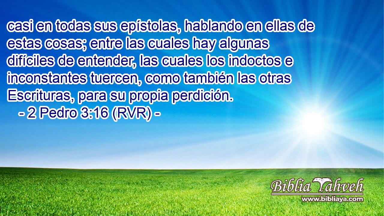 casi en todas sus epístolas, hablando en ellas de estas cosas; entre las cuales hay algunas difíciles de entender, las cuales los indoctos e inconstantes tuercen, como también las otras Escrituras, para su propia perdición.