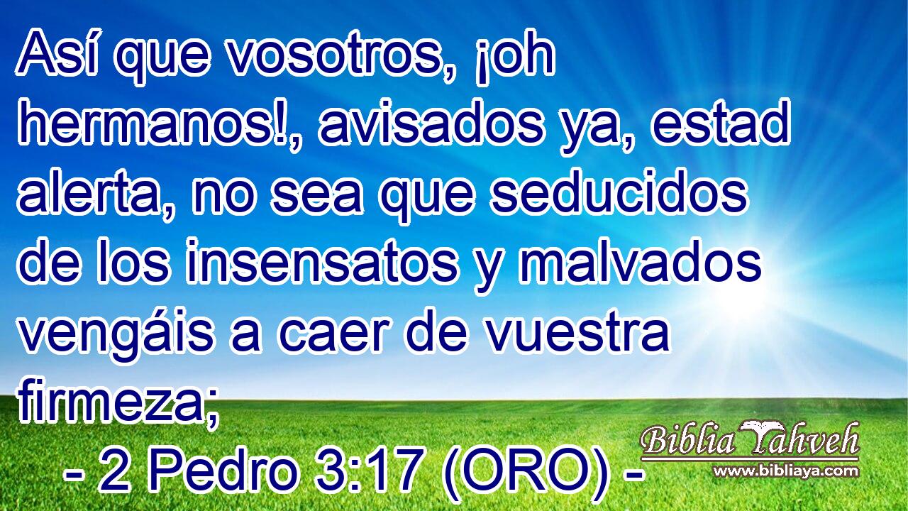  Así que vosotros, ¡oh hermanos!, avisados ya, estad alerta, no sea que seducidos de los insensatos y malvados vengáis a caer de vuestra firmeza; 