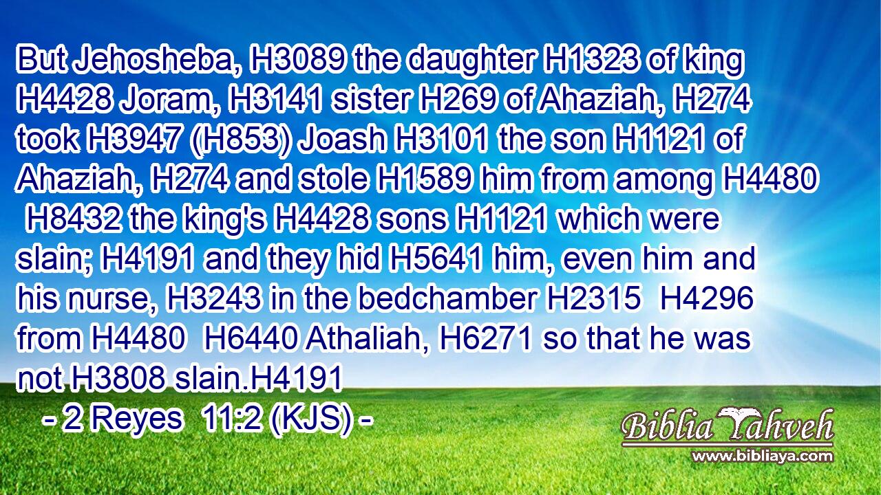 But Jehosheba, H3089 the daughter H1323 of king H4428 Joram, H3141 sister H269 of Ahaziah, H274 took H3947 (H853) Joash H3101 the son H1121 of Ahaziah, H274 and stole H1589 him from among H4480  H8432 the king's H4428 sons H1121 which were slain; H4191 and they hid H5641 him, even him and his nurse, H3243 in the bedchamber H2315  H4296 from H4480  H6440 Athaliah, H6271 so that he was not H3808 slain.H4191