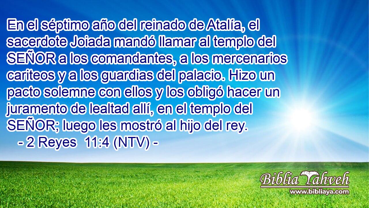 En el séptimo año del reinado de Atalía, el sacerdote Joiada mandó llamar al templo del SEÑOR a los comandantes, a los mercenarios cariteos y a los guardias del palacio. Hizo un pacto solemne con ellos y los obligó hacer un juramento de lealtad allí, en el templo del SEÑOR; luego les mostró al hijo del rey.