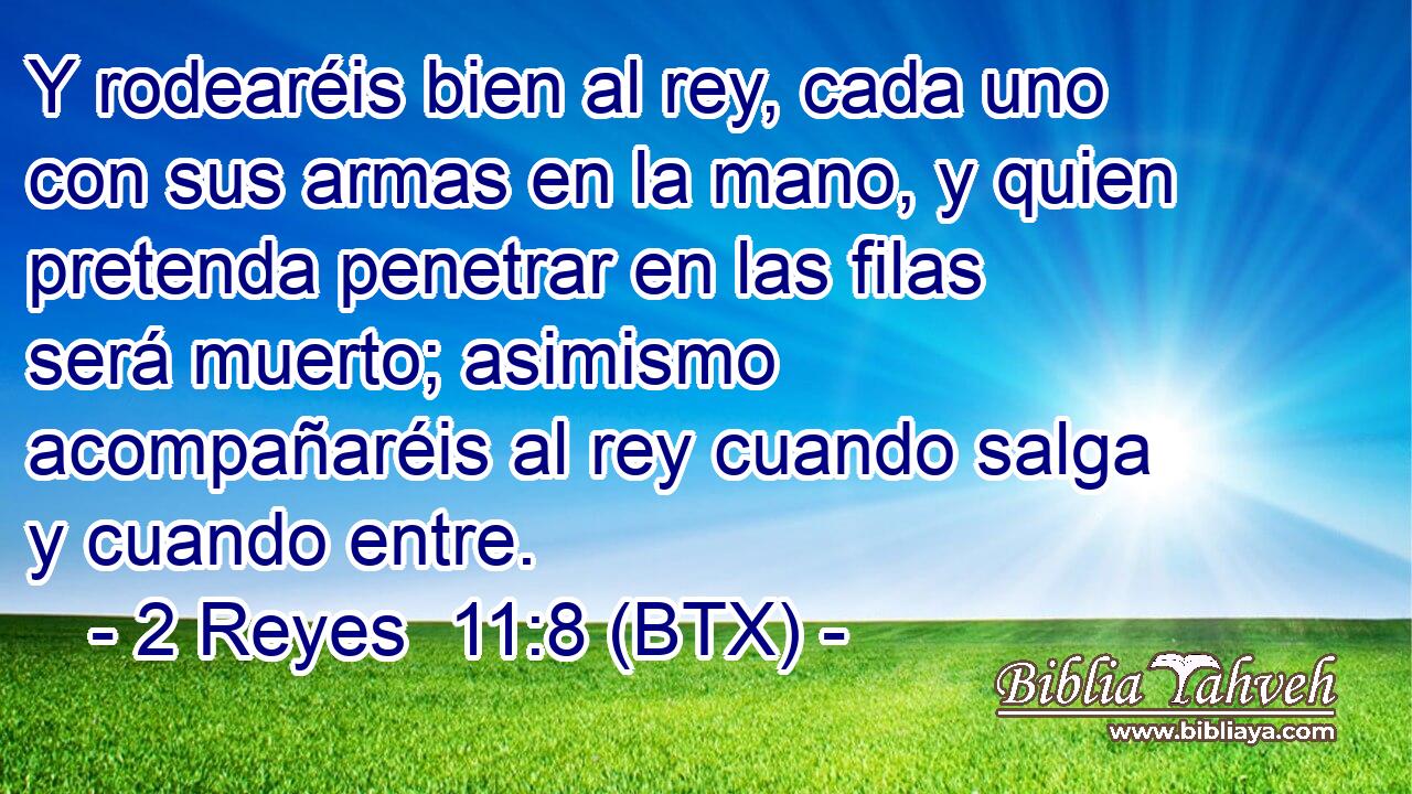 Y rodearéis bien al rey, cada uno con sus armas en la mano, y quien pretenda penetrar en las filas será muerto; asimismo acompañaréis al rey cuando salga y cuando entre.
