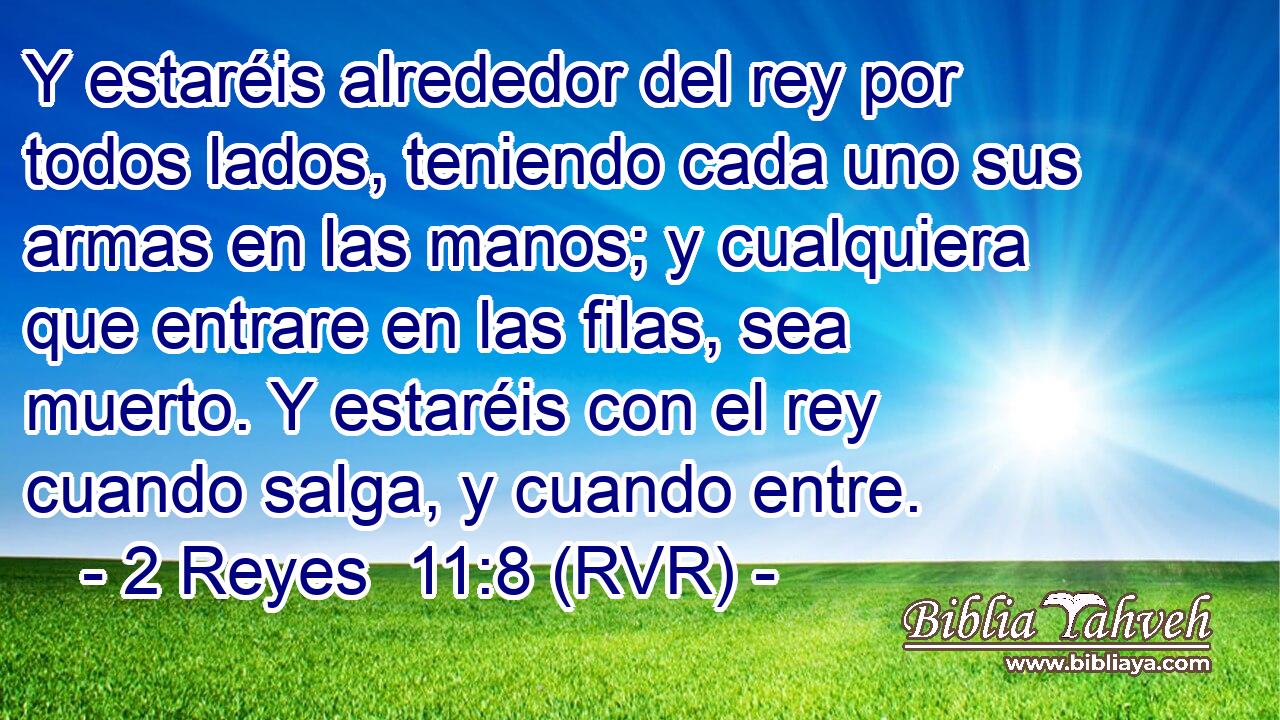 Y estaréis alrededor del rey por todos lados, teniendo cada uno sus armas en las manos; y cualquiera que entrare en las filas, sea muerto. Y estaréis con el rey cuando salga, y cuando entre.