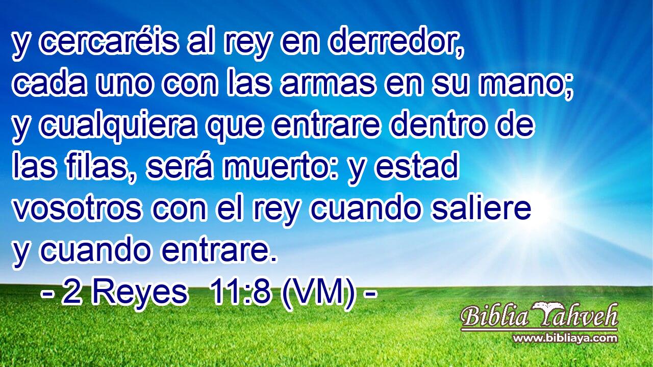  y cercaréis al rey en derredor, cada uno con las armas en su mano; y cualquiera que entrare dentro de las filas, será muerto: y estad vosotros con el rey cuando saliere y cuando entrare. 