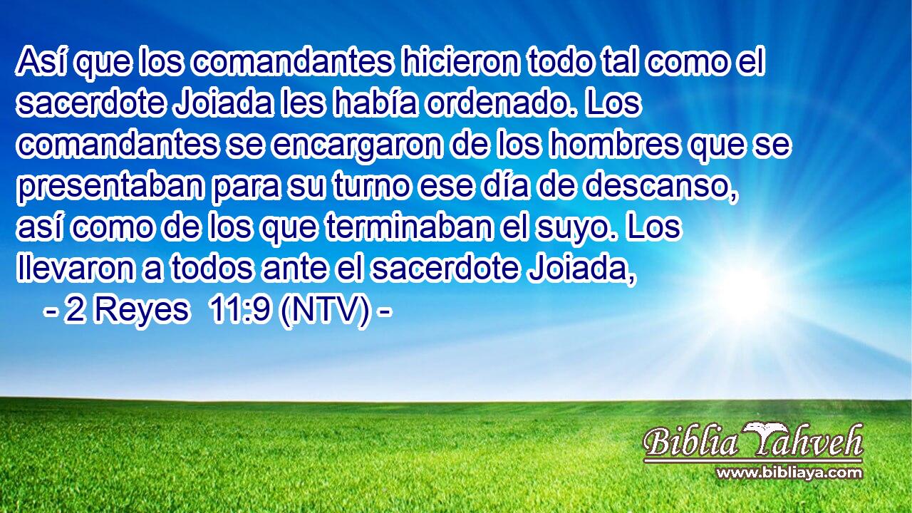 Así que los comandantes hicieron todo tal como el sacerdote Joiada les había ordenado. Los comandantes se encargaron de los hombres que se presentaban para su turno ese día de descanso, así como de los que terminaban el suyo. Los llevaron a todos ante el sacerdote Joiada,