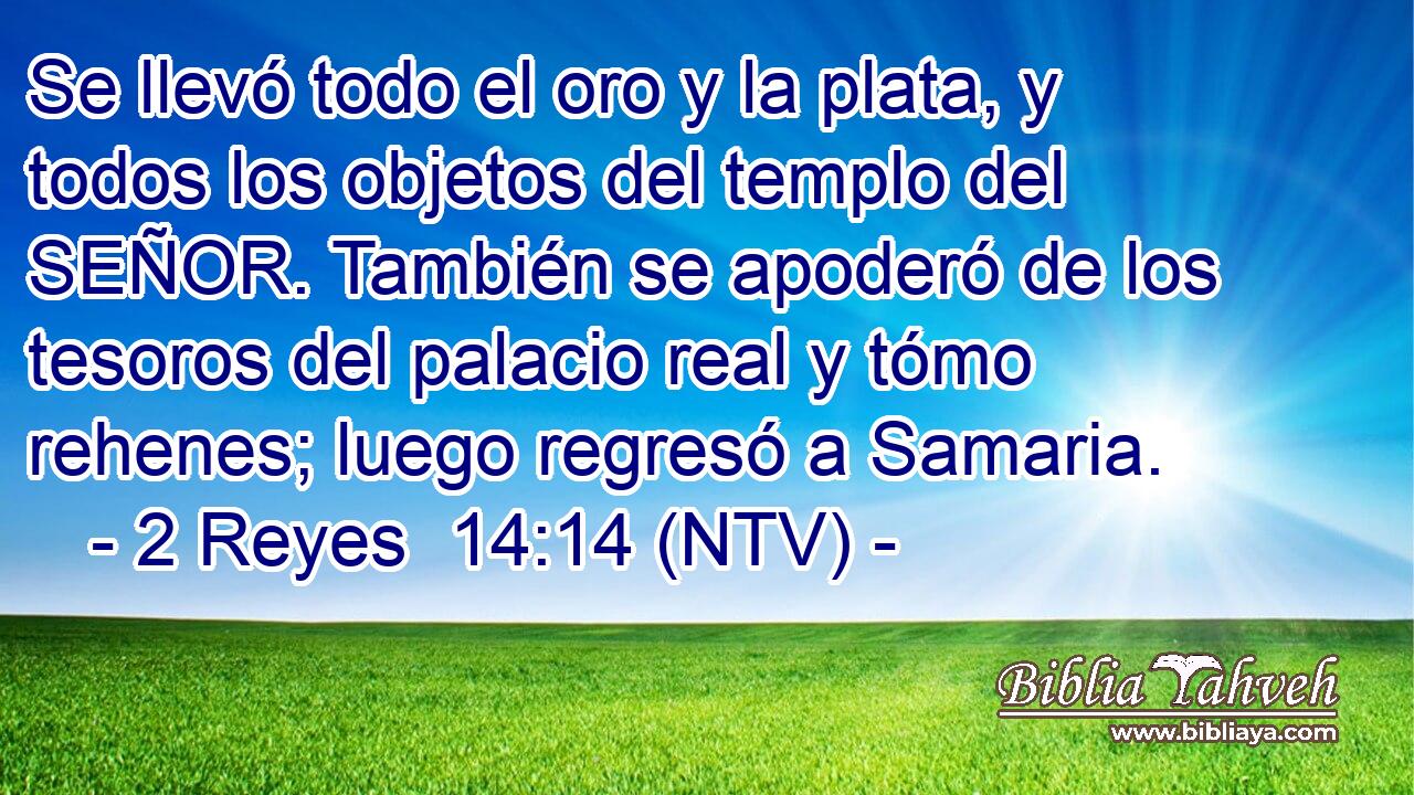 Se llevó todo el oro y la plata, y todos los objetos del templo del SEÑOR. También se apoderó de los tesoros del palacio real y tómo rehenes; luego regresó a Samaria.