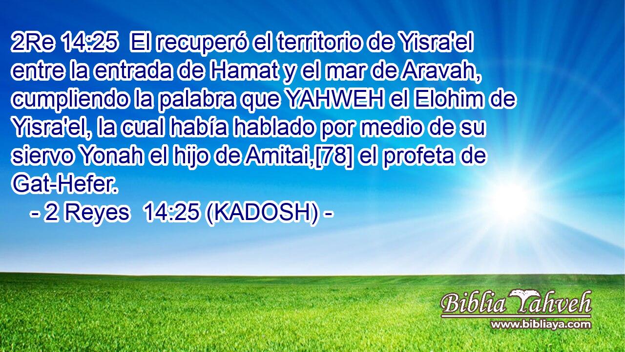  El recuperó el territorio de Yisra'el entre la entrada de Hamat y el mar de Aravah, cumpliendo la palabra que YAHWEH el Elohim de Yisra'el, la cual había hablado por medio de su siervo Yonah el hijo de Amitai,[78] el profeta de Gat-Hefer. 