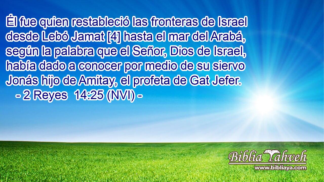 Él fue quien restableció las fronteras de Israel desde Lebó Jamat [4] hasta el mar del Arabá, según la palabra que el Señor, Dios de Israel, había dado a conocer por medio de su siervo Jonás hijo de Amitay, el profeta de Gat Jefer. 