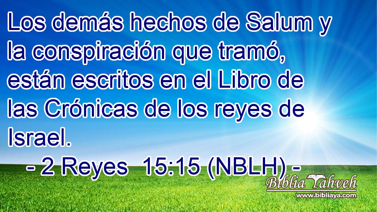  Los demás hechos de Salum y la conspiración que tramó, están escritos en el Libro de las Crónicas de los reyes de Israel. 