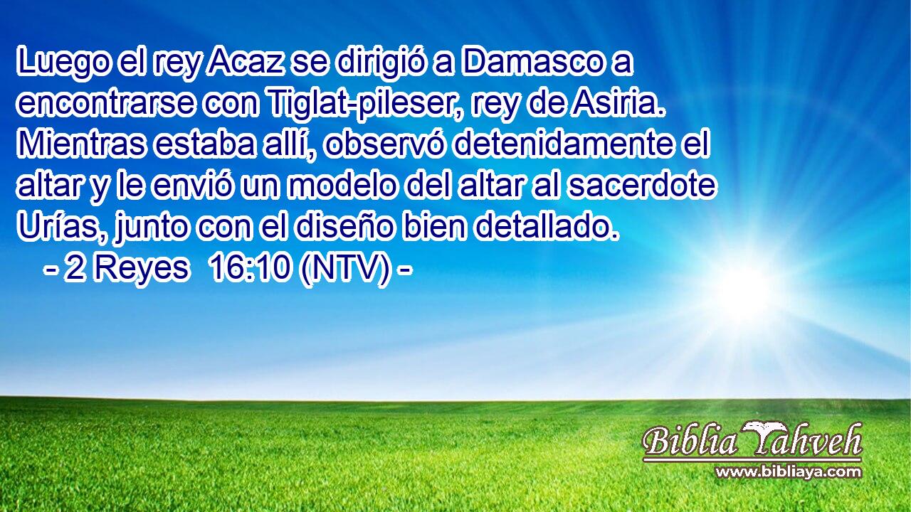 Luego el rey Acaz se dirigió a Damasco a encontrarse con Tiglat-pileser, rey de Asiria. Mientras estaba allí, observó detenidamente el altar y le envió un modelo del altar al sacerdote Urías, junto con el diseño bien detallado.