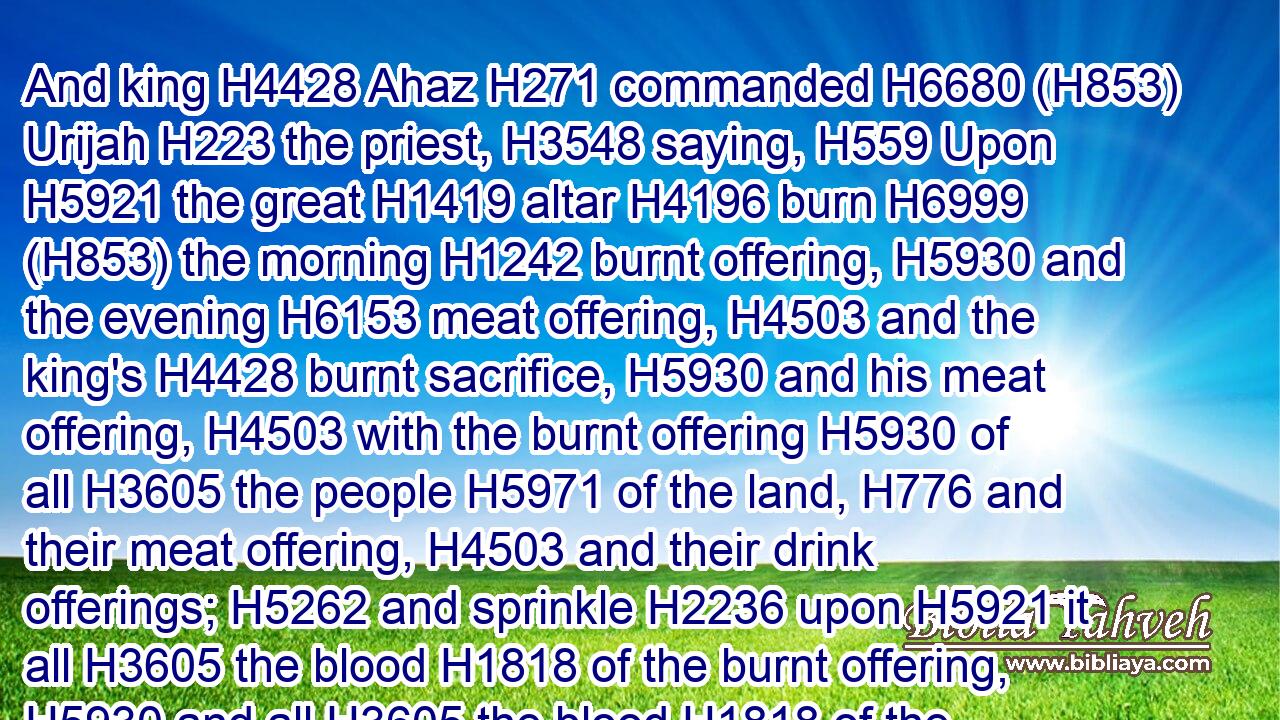 And king H4428 Ahaz H271 commanded H6680 (H853) Urijah H223 the priest, H3548 saying, H559 Upon H5921 the great H1419 altar H4196 burn H6999 (H853) the morning H1242 burnt offering, H5930 and the evening H6153 meat offering, H4503 and the king's H4428 burnt sacrifice, H5930 and his meat offering, H4503 with the burnt offering H5930 of all H3605 the people H5971 of the land, H776 and their meat offering, H4503 and their drink offerings; H5262 and sprinkle H2236 upon H5921 it all H3605 the blood H1818 of the burnt offering, H5930 and all H3605 the blood H1818 of the sacrifice: H2077 and the brasen H5178 altar H4196 shall be H1961 for me to enquire H1239 by.