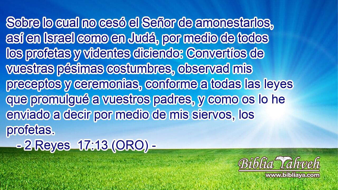  Sobre lo cual no cesó el Señor de amonestarlos, así en Israel como en Judá, por medio de todos los profetas y videntes diciendo: Convertíos de vuestras pésimas costumbres, observad mis preceptos y ceremonias, conforme a todas las leyes que promulgué a vuestros padres, y como os lo he enviado a decir por medio de mis siervos, los profetas. 