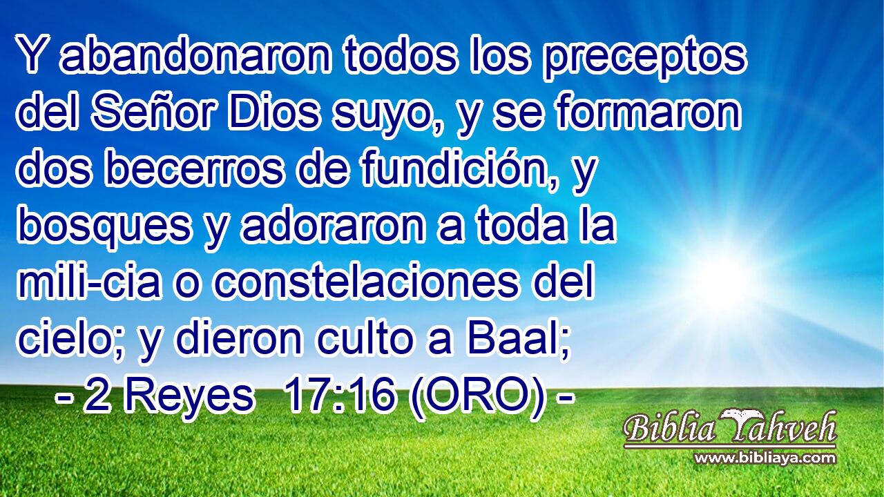  Y abandonaron todos los preceptos del Señor Dios suyo, y se formaron dos becerros de fundición, y bosques y adoraron a toda la mili-cia o constelaciones del cielo; y dieron culto a Baal; 