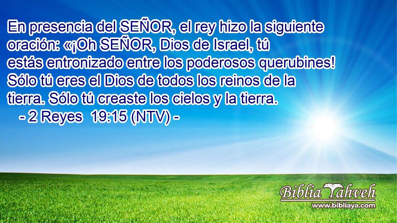 En presencia del SEÑOR, el rey hizo la siguiente oración: «¡Oh SEÑOR, Dios de Israel, tú estás entronizado entre los poderosos querubines! Sólo tú eres el Dios de todos los reinos de la tierra. Sólo tú creaste los cielos y la tierra.