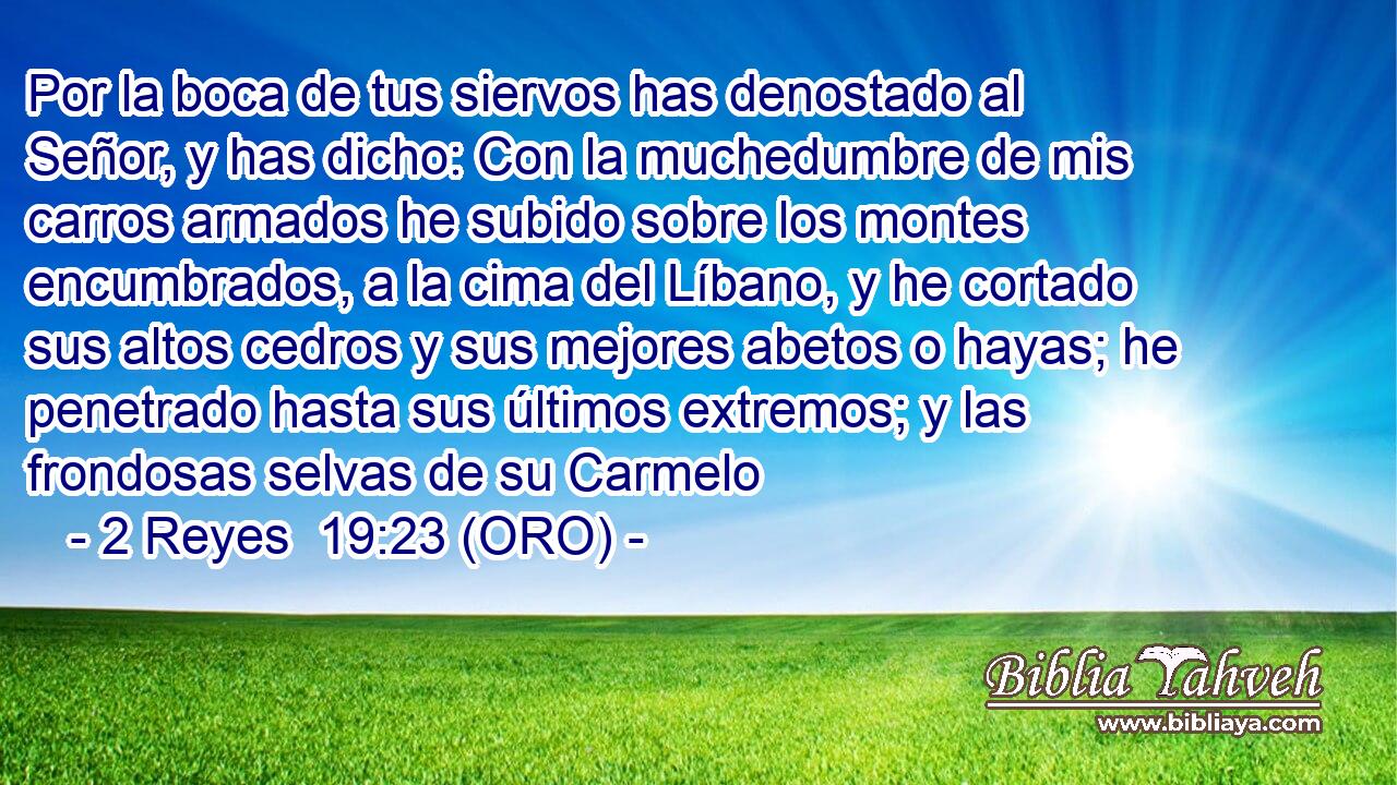  Por la boca de tus siervos has denostado al Señor, y has dicho: Con la muchedumbre de mis carros armados he subido sobre los montes encumbrados, a la cima del Líbano, y he cortado sus altos cedros y sus mejores abetos o hayas; he penetrado hasta sus últimos extremos; y las frondosas selvas de su Carmelo 