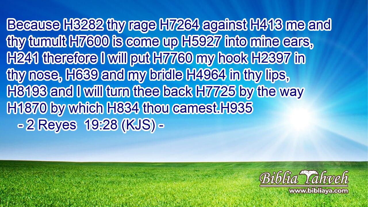 Because H3282 thy rage H7264 against H413 me and thy tumult H7600 is come up H5927 into mine ears, H241 therefore I will put H7760 my hook H2397 in thy nose, H639 and my bridle H4964 in thy lips, H8193 and I will turn thee back H7725 by the way H1870 by which H834 thou camest.H935