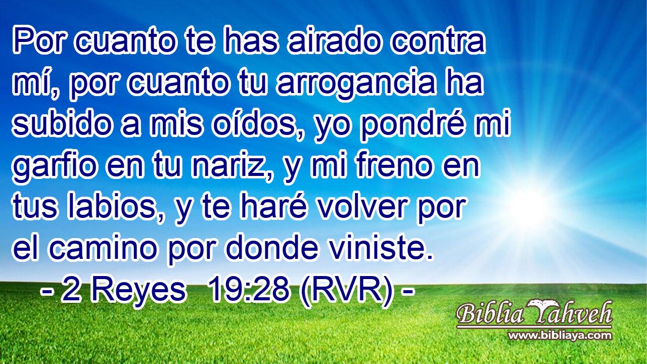 Por cuanto te has airado contra mí, por cuanto tu arrogancia ha subido a mis oídos, yo pondré mi garfio en tu nariz, y mi freno en tus labios, y te haré volver por el camino por donde viniste.