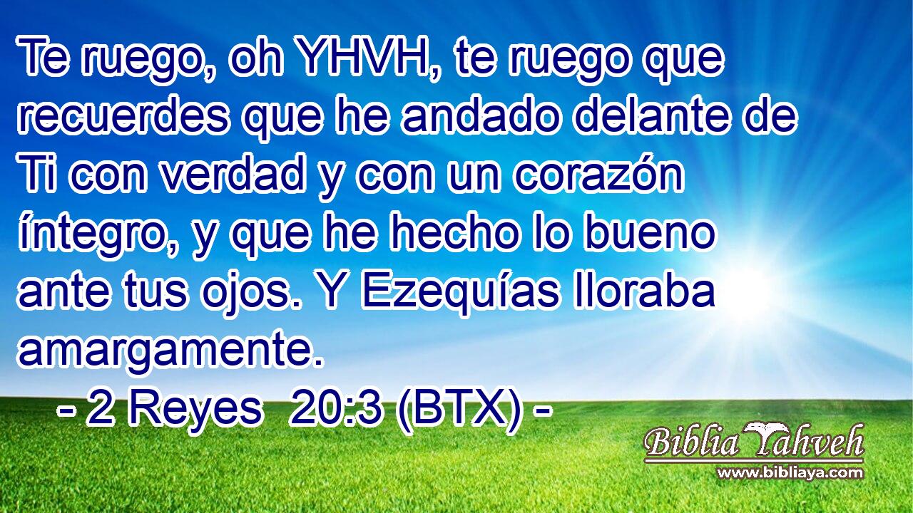 Te ruego, oh YHVH, te ruego que recuerdes que he andado delante de Ti con verdad y con un corazón íntegro, y que he hecho lo bueno ante tus ojos. Y Ezequías lloraba amargamente.