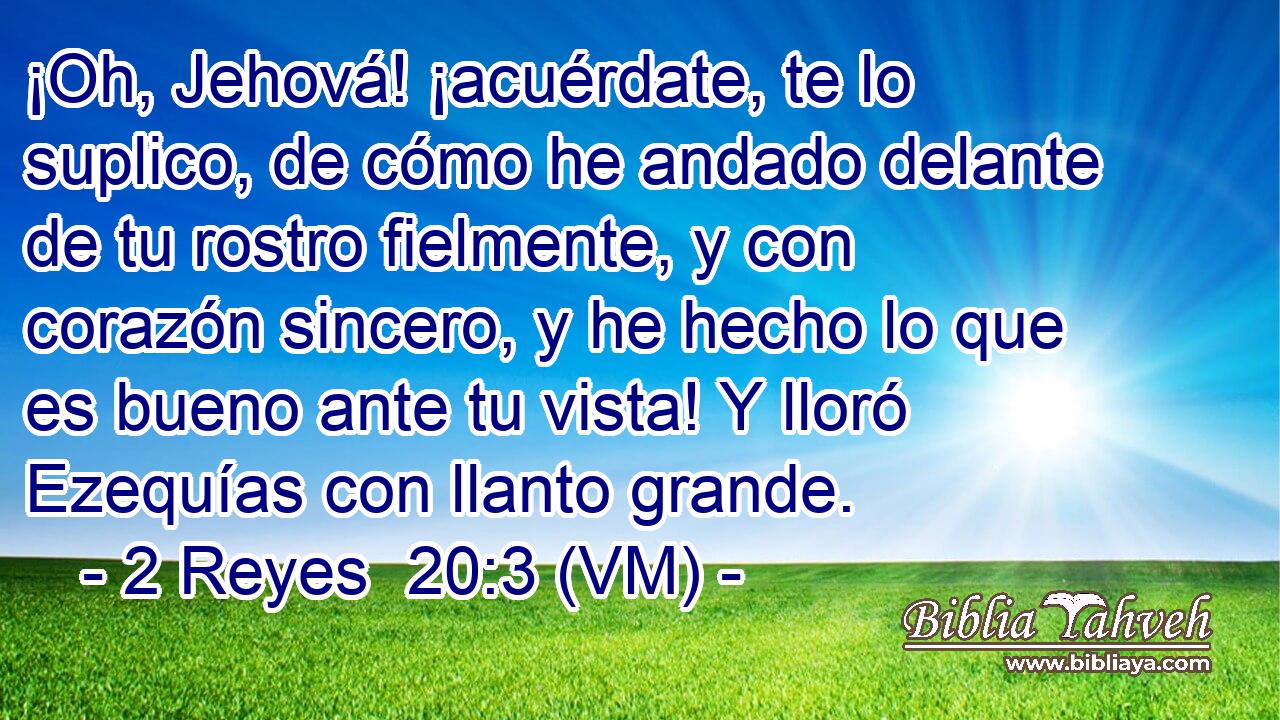  ¡Oh, Jehová! ¡acuérdate, te lo suplico, de cómo he andado delante de tu rostro fielmente, y con corazón sincero, y he hecho lo que es bueno ante tu vista! Y lloró Ezequías con llanto grande. 