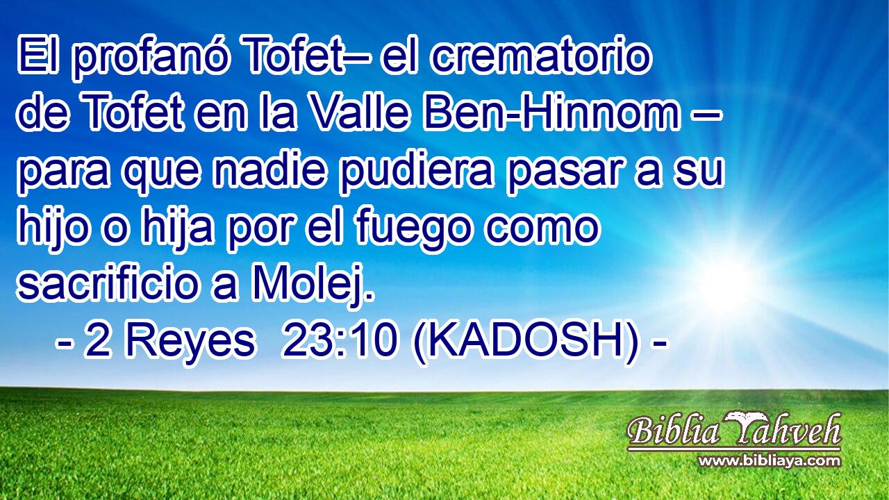  El profanó Tofet– el crematorio de Tofet en la Valle Ben-Hinnom – para que nadie pudiera pasar a su hijo o hija por el fuego como sacrificio a Molej. 