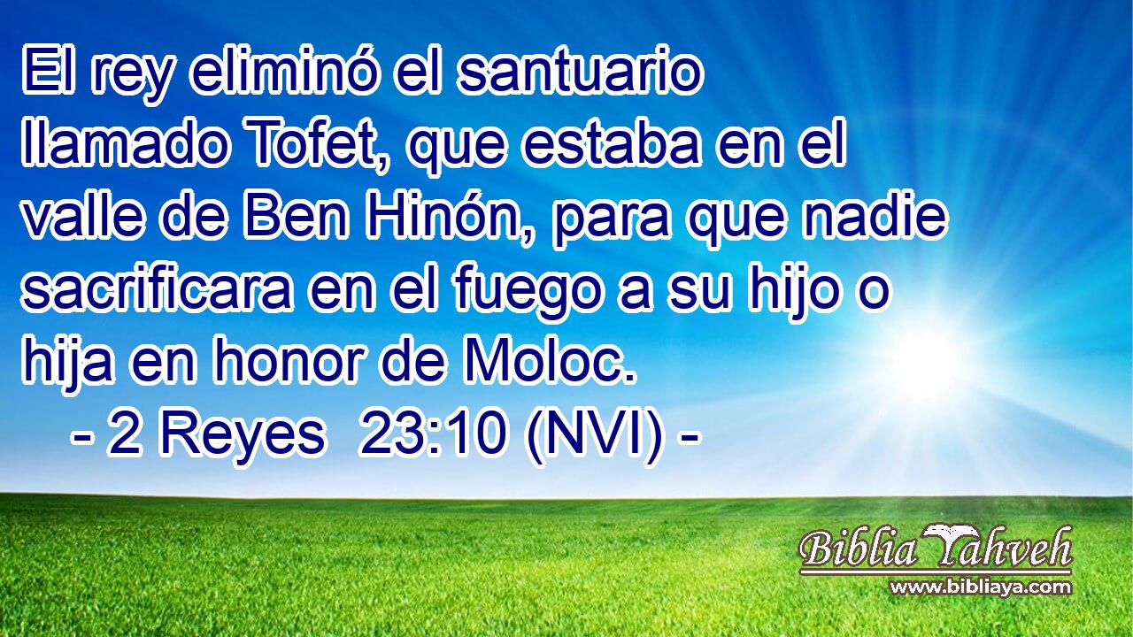  El rey eliminó el santuario llamado Tofet, que estaba en el valle de Ben Hinón, para que nadie sacrificara en el fuego a su hijo o hija en honor de Moloc. 