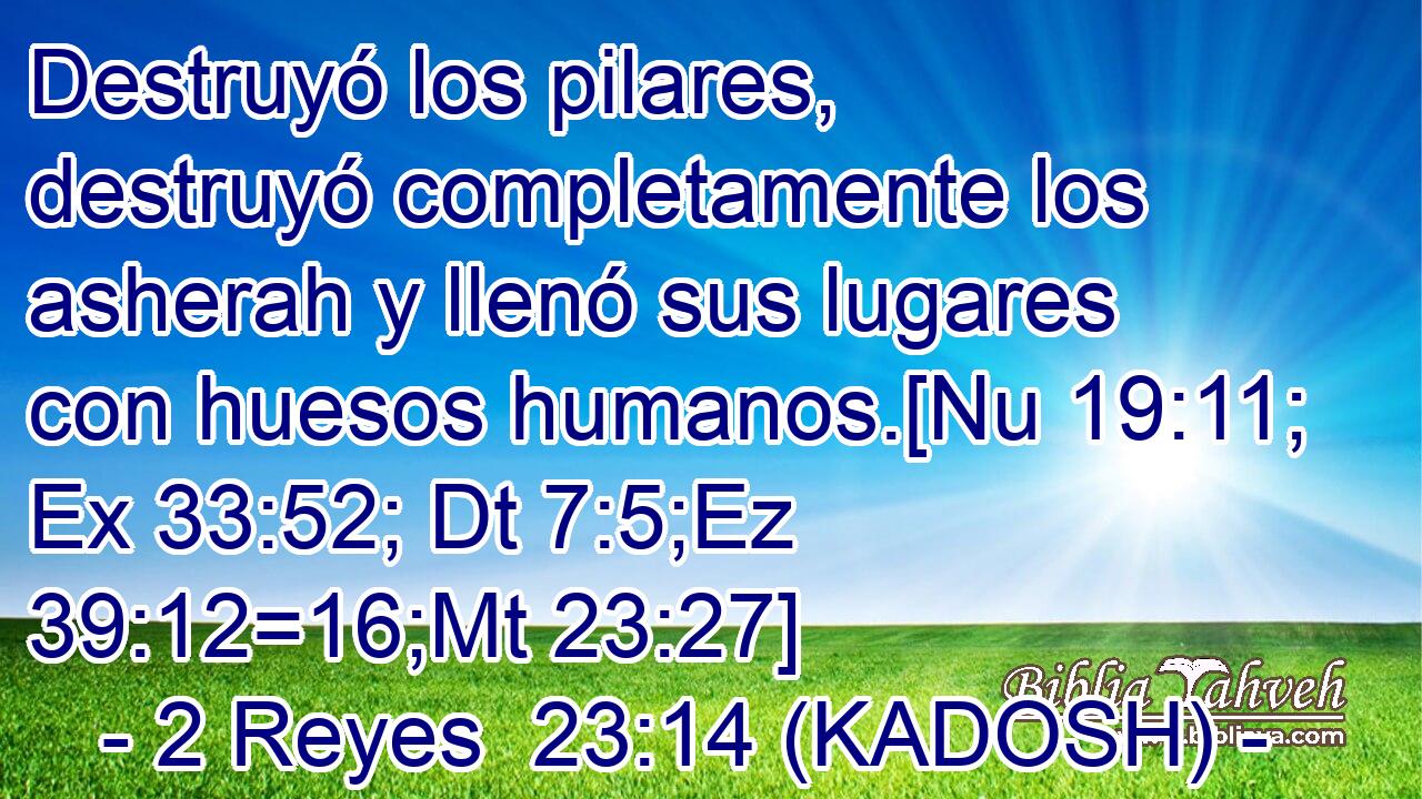  Destruyó los pilares, destruyó completamente los asherah y llenó sus lugares con huesos humanos.[Nu 19:11; Ex 33:52; Dt 7:5;Ez 39:12=16;Mt 23:27] 