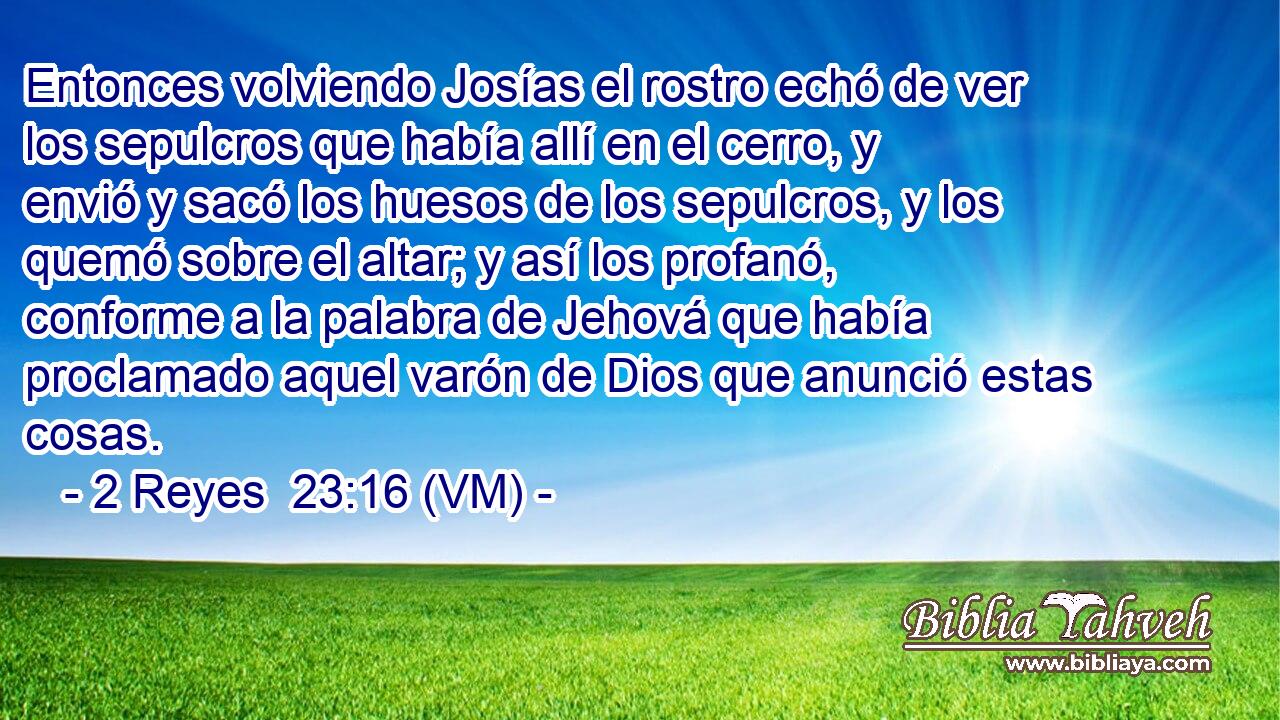  Entonces volviendo Josías el rostro echó de ver los sepulcros que había allí en el cerro, y envió y sacó los huesos de los sepulcros, y los quemó sobre el altar; y así los profanó, conforme a la palabra de Jehová que había proclamado aquel varón de Dios que anunció estas cosas. 