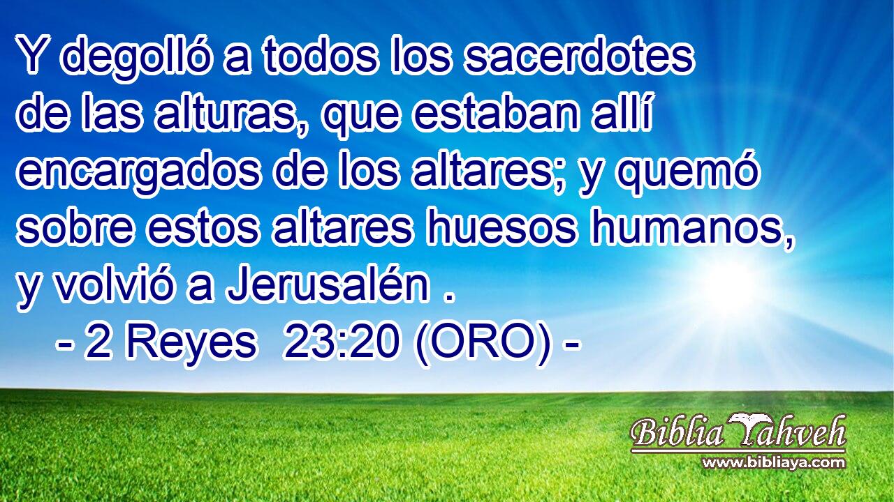  Y degolló a todos los sacerdotes de las alturas, que estaban allí encargados de los altares; y quemó sobre estos altares huesos humanos, y volvió a Jerusalén . 