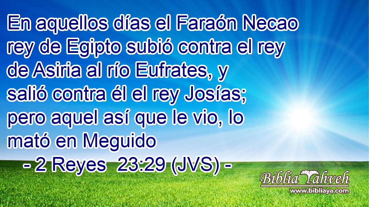 En aquellos días el Faraón Necao rey de Egipto subió contra el rey de Asiria al río Eufrates, y salió contra él el rey Josías; pero aquel así que le vio, lo mató en Meguido