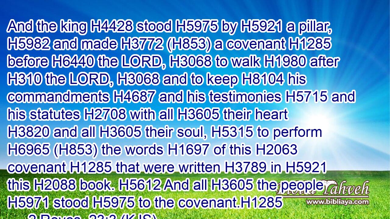 And the king H4428 stood H5975 by H5921 a pillar, H5982 and made H3772 (H853) a covenant H1285 before H6440 the LORD, H3068 to walk H1980 after H310 the LORD, H3068 and to keep H8104 his commandments H4687 and his testimonies H5715 and his statutes H2708 with all H3605 their heart H3820 and all H3605 their soul, H5315 to perform H6965 (H853) the words H1697 of this H2063 covenant H1285 that were written H3789 in H5921 this H2088 book. H5612 And all H3605 the people H5971 stood H5975 to the covenant.H1285